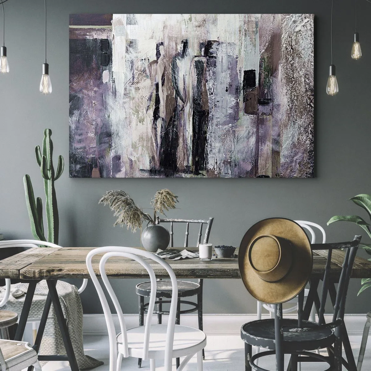 Bild auf Leinwand - Leinwandbild - Eine abstrakte Komposition mit drei Figuren in Pastellfarben. - 100x70cm - Die geheimnisvolle Drei - Moderne Wanddekoration für Wohnzimmer und Schlafzimmer ARTTOR