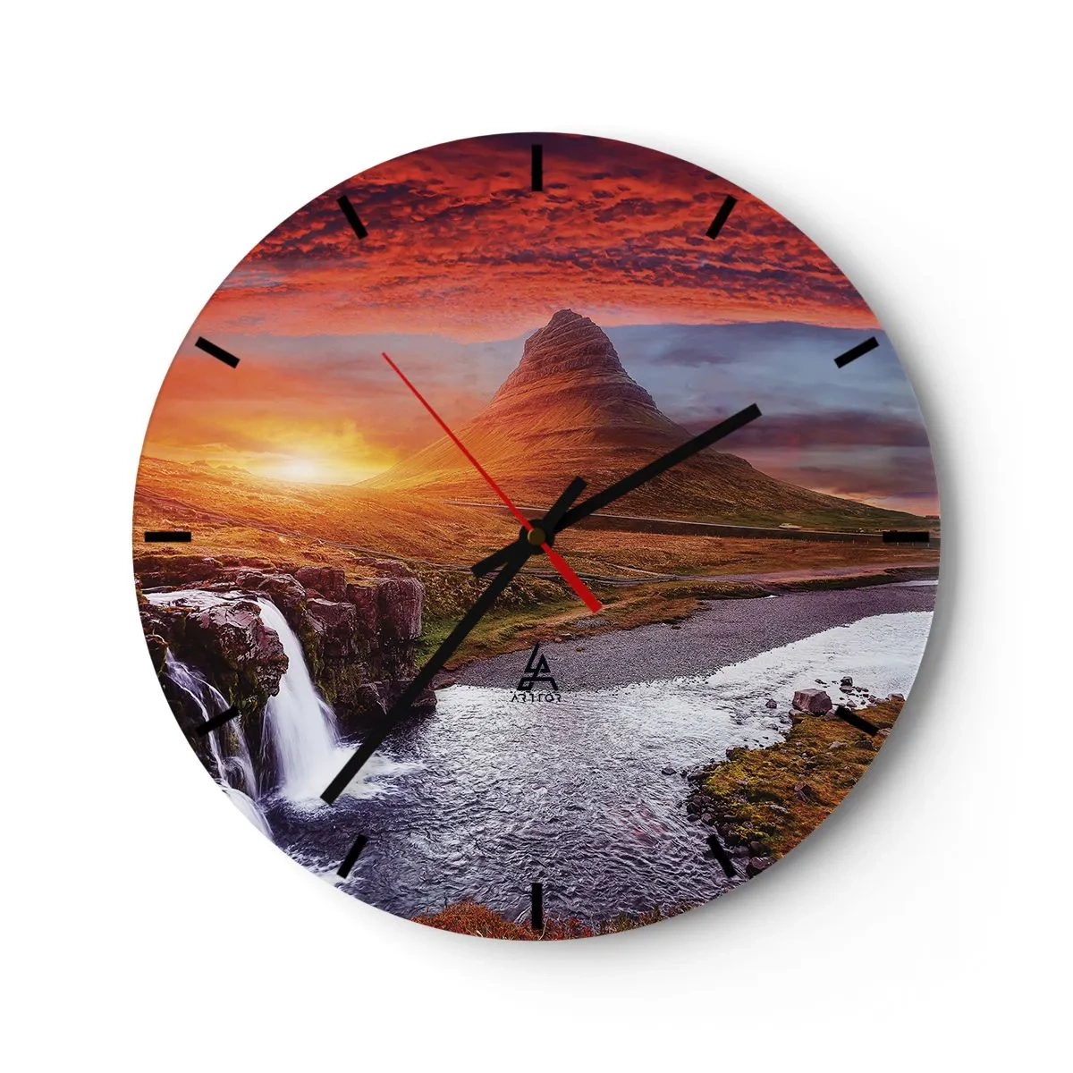 Wanduhr - Glasuhr - Eine malerische Landschaft mit einem Berg, einem Wasserfall und einem Sonnenuntergang - 30x30cm - Ein Blick auf Mittelerde - Moderne Wanddekoration für Wohnzimmer, Küche und Schlafzimmer ARTTOR