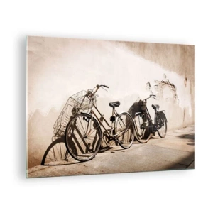Glasbild - Bild auf glas - Retro-Fahrräder lehnen an einer alten Mauer - 70x50cm - Der unvergessliche Charme der Vergangenheit - Moderne Wanddekoration für Wohnzimmer und Schlafzimmer ARTTOR