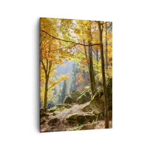 Bild auf Leinwand - Leinwandbild - Ein Herbstwald voller goldener Blätter und Sonnenlicht - 50x70cm - Zeit zum Entspannen - Moderne Wanddekoration für Wohnzimmer und Schlafzimmer ARTTOR