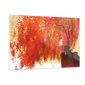 Glasbild - Bild auf glas - Rote Blätter, ein einsamer Baum und Vögel in einer Herbstszene - 120x80cm - Wird er mit ihnen fliegen? - Moderne Wanddekoration für Wohnzimmer und Schlafzimmer ARTTOR