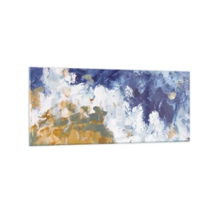 Glasbild - Bild auf glas - Abstraktion in Blau-, Weiß- und Goldtönen - 120x50cm - Tanz der Naturelemente - Moderne Wanddekoration für Wohnzimmer und Schlafzimmer ARTTOR