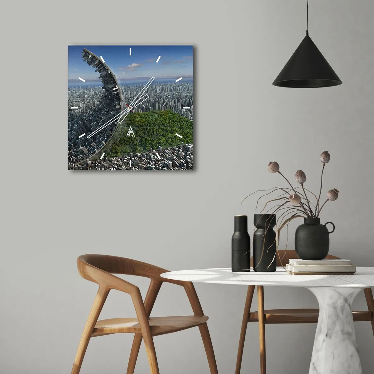 Wanduhr - Glasuhr - Eine dynamische Stadt mit einem surrealen Twist - 30x30cm - Die Natur ist ewig - Moderne Wanddekoration für Wohnzimmer und Schlafzimmer ARTTOR