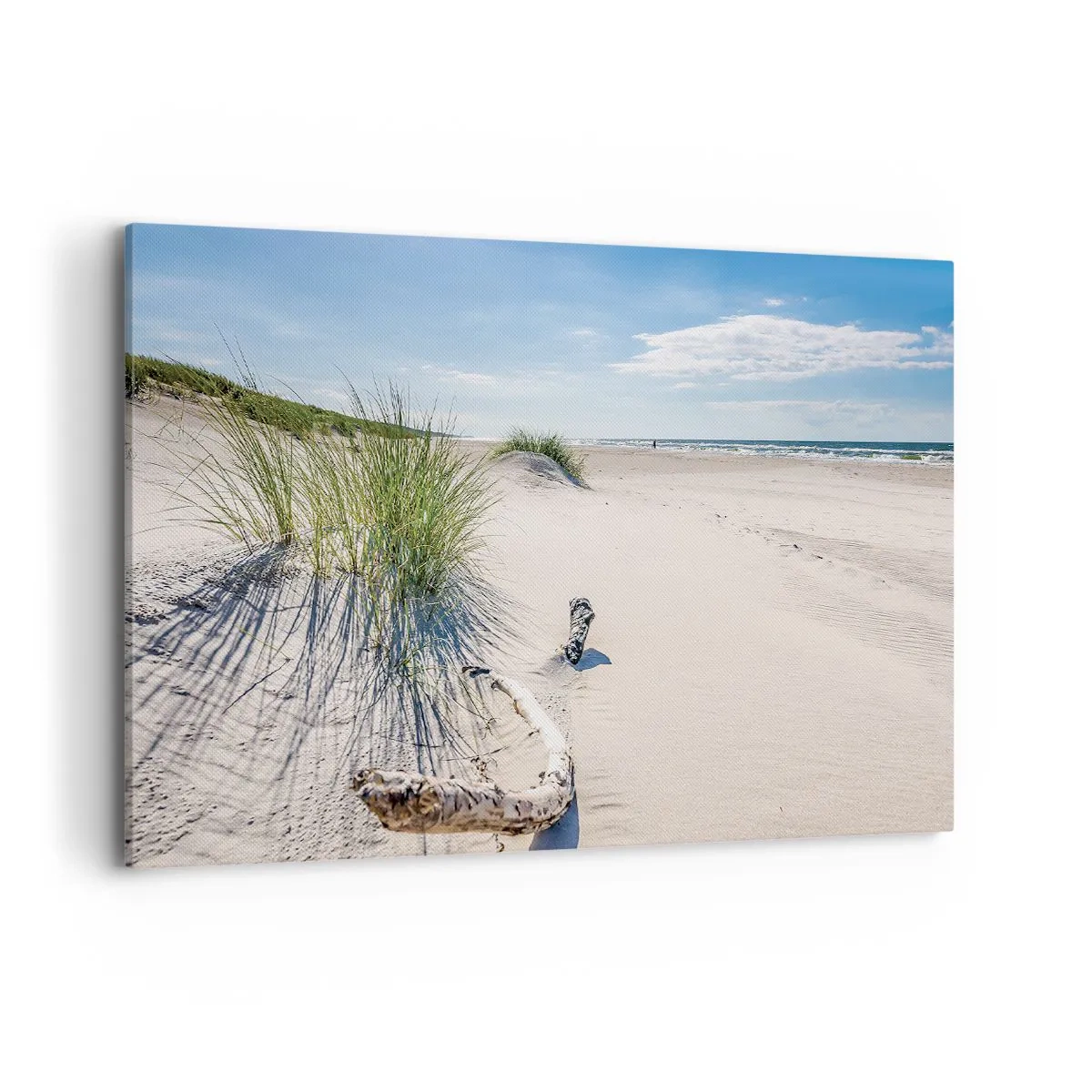 Bild auf Leinwand - Leinwandbild - Ein Ostseestrand mit Sand, Gras und einem ruhigen blauen Himmel - 120x80cm - Der schönste Strand? Ostsee-Strand - Moderne Wanddekoration für Wohnzimmer und Schlafzimmer ARTTOR