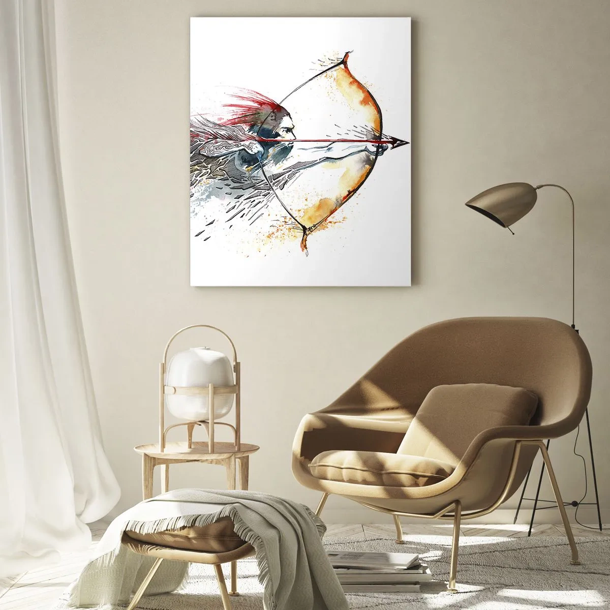 Glasbild - Bild auf glas - Dynamisches Aquarell eines Kriegers mit Pfeil und Bogen - 80x120cm - Mythischer Krieger mit feurigem Bogen - Moderne Wanddekoration für Wohnzimmer und Schlafzimmer ARTTOR