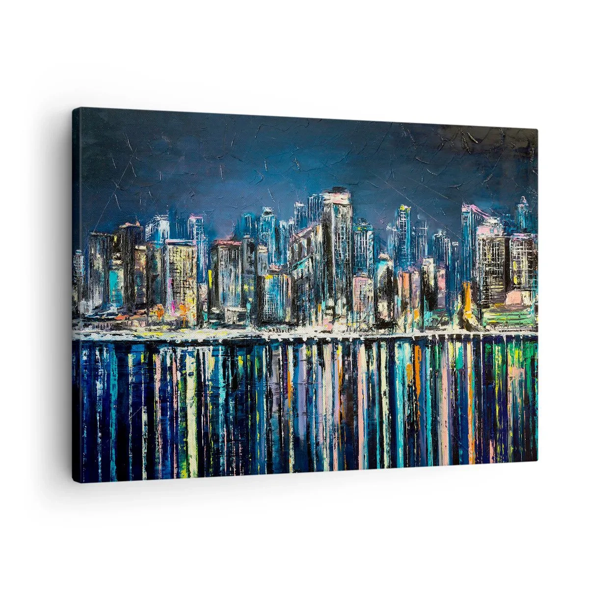 Bild auf Leinwand - Leinwandbild - Panorama der nächtlichen Stadt, die sich im Wasser spiegelt - 70x50cm - Kaskade von Lichtern - Moderne Wanddekoration für Wohnzimmer und Schlafzimmer ARTTOR