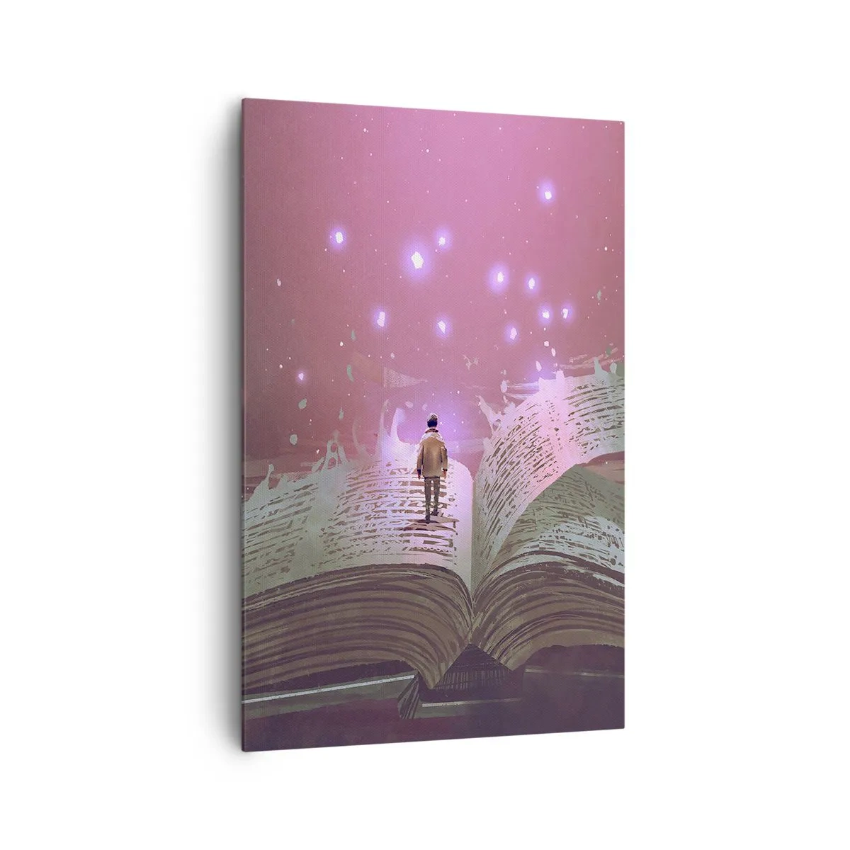Bild auf Leinwand - Leinwandbild - Eine Figur tritt in einem magischen Licht auf ein offenes Buch. - 80x120cm - Einladung in eine andere Welt - lesen Sie! - Moderne Wanddekoration für Wohnzimmer und Schlafzimmer ARTTOR