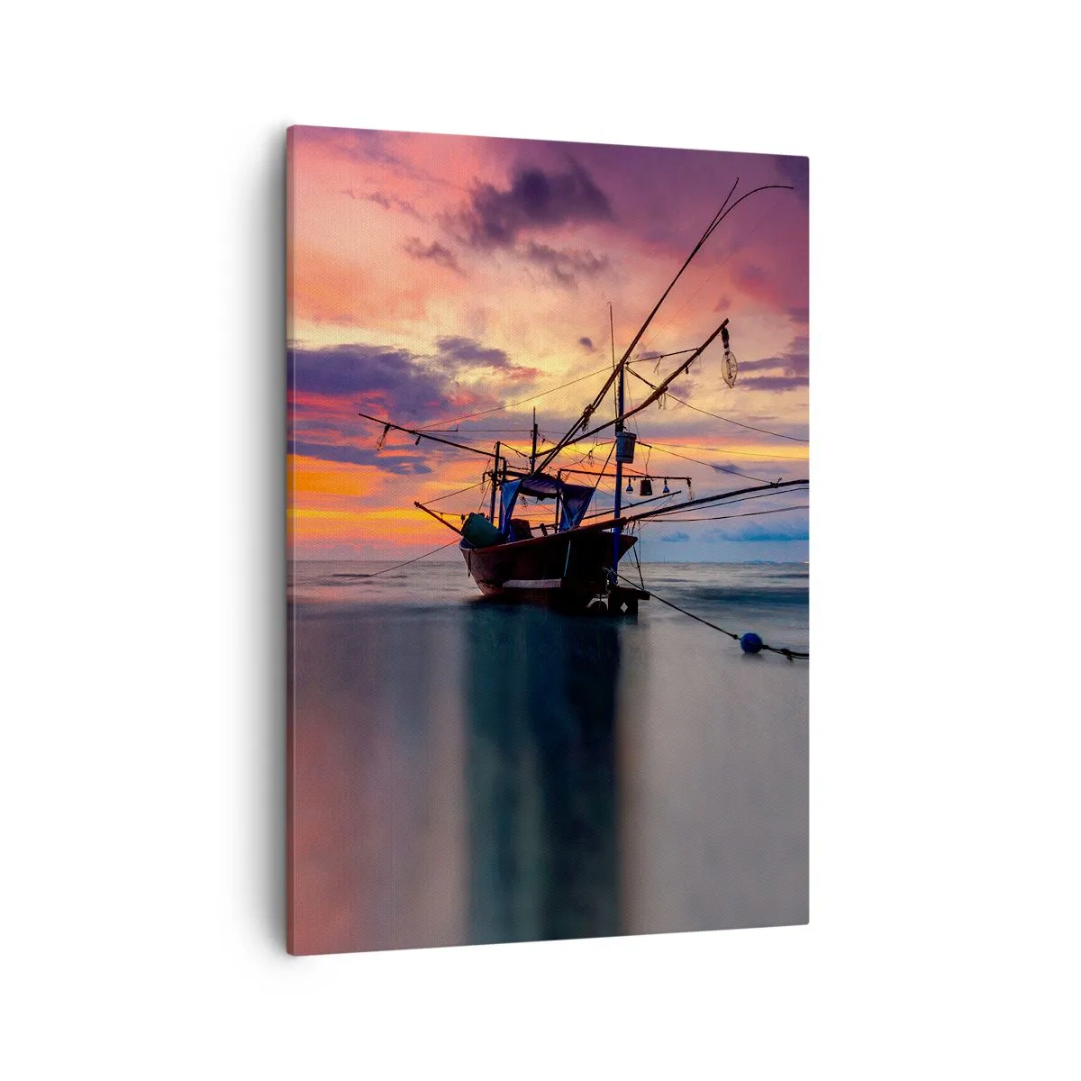 Bild auf Leinwand - Leinwandbild - Ein Fischerboot vor der Kulisse eines farbenfrohen Sonnenuntergangs - 50x70cm - Exotischer Abend - Moderne Wanddekoration für Wohnzimmer und Schlafzimmer ARTTOR