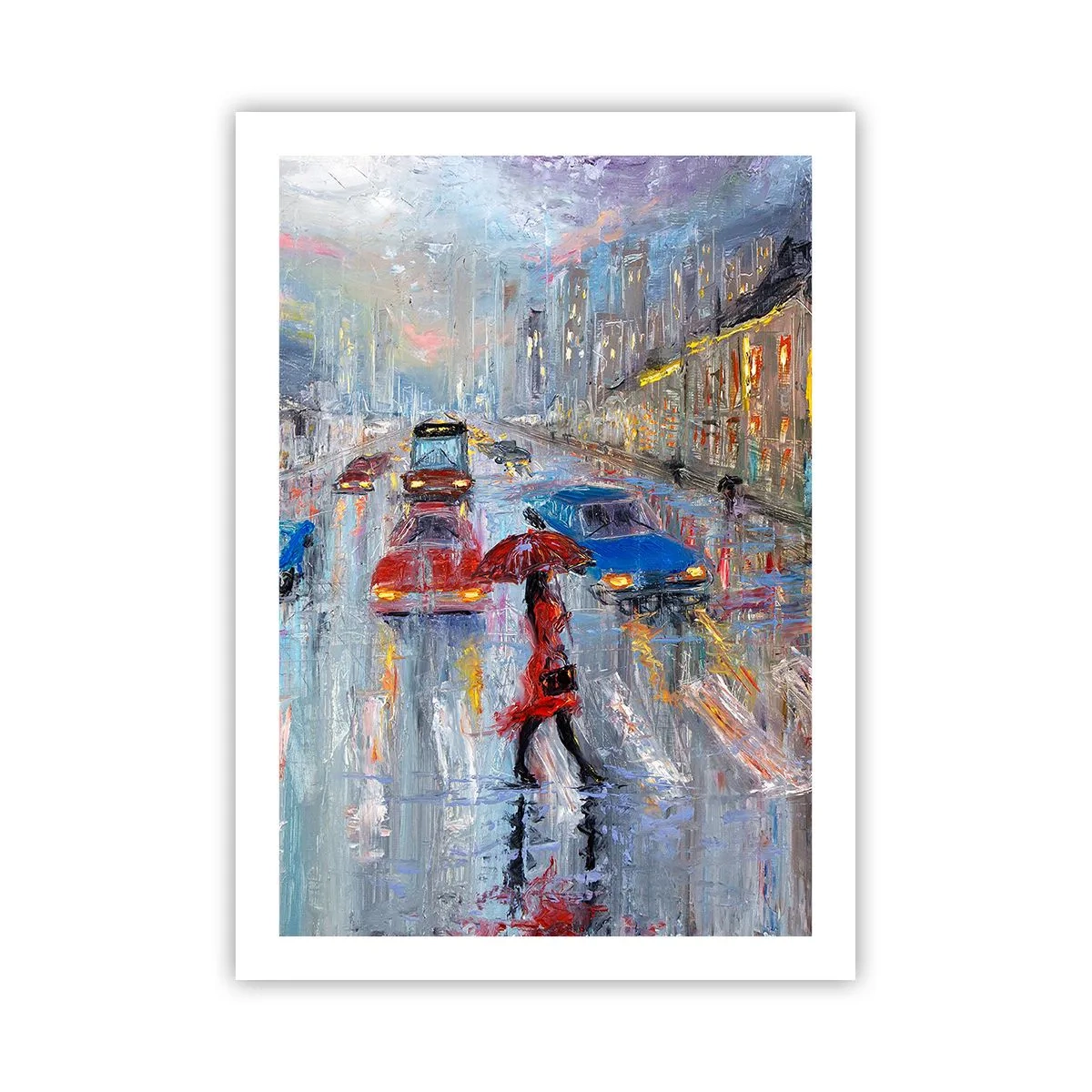 Poster - Impressionistische Stadtlandschaft im Regen - 50x70cm - Regnerischer Nachmittag in der Stadt - Moderne Wanddekoration für Wohnzimmer und Schlafzimmer ARTTOR