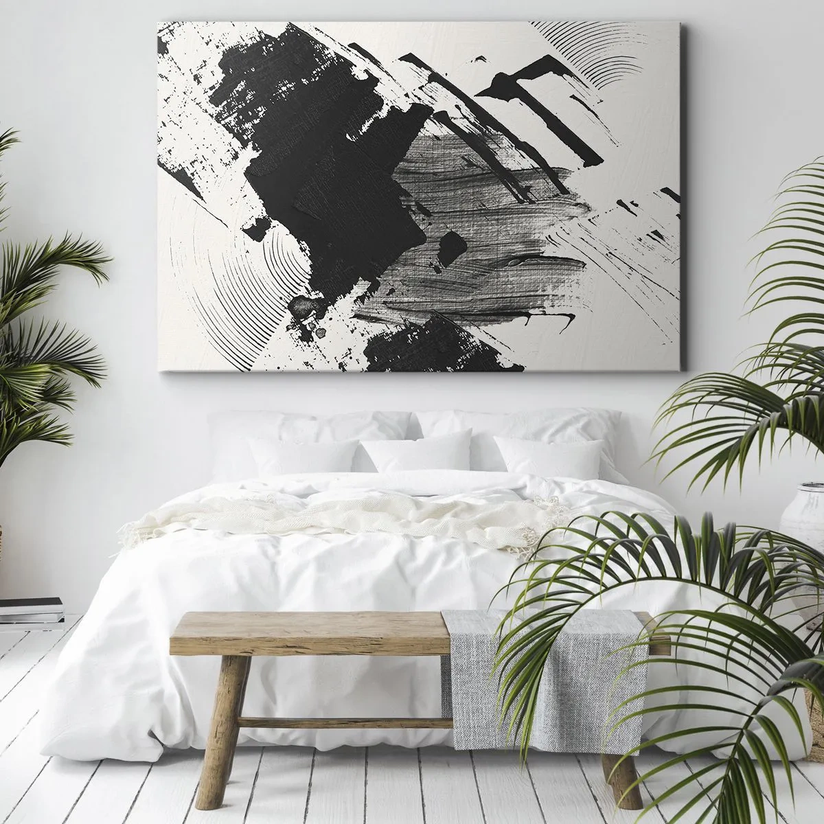 Bild auf Leinwand - Leinwandbild - Abstrakte Striche in Schwarz auf weißem Hintergrund - 100x70cm - Abstraktion – Ausdruck von Schwarz - Moderne Wanddekoration für Wohnzimmer und Schlafzimmer ARTTOR