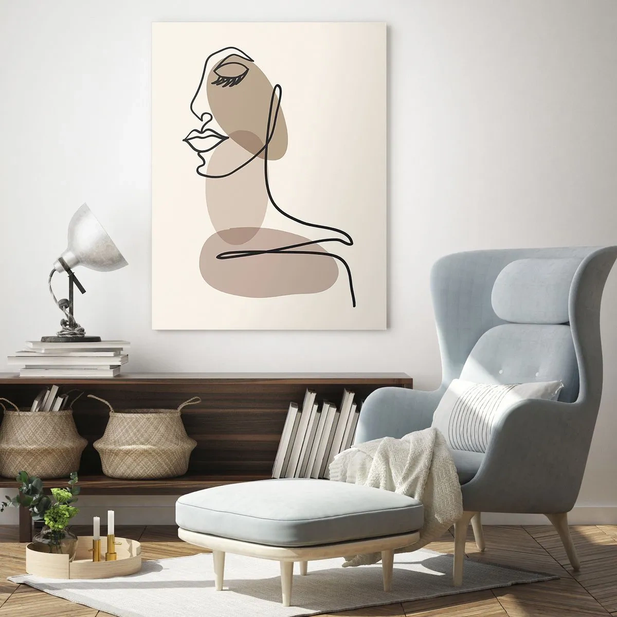 Glasbild - Bild auf glas - Ein minimalistisches Frauenporträt mit einer durchgehenden Linie. - 50x70cm - Eine gewisse Linie der Schönheit - Moderne Wanddekoration für Wohnzimmer und Schlafzimmer ARTTOR