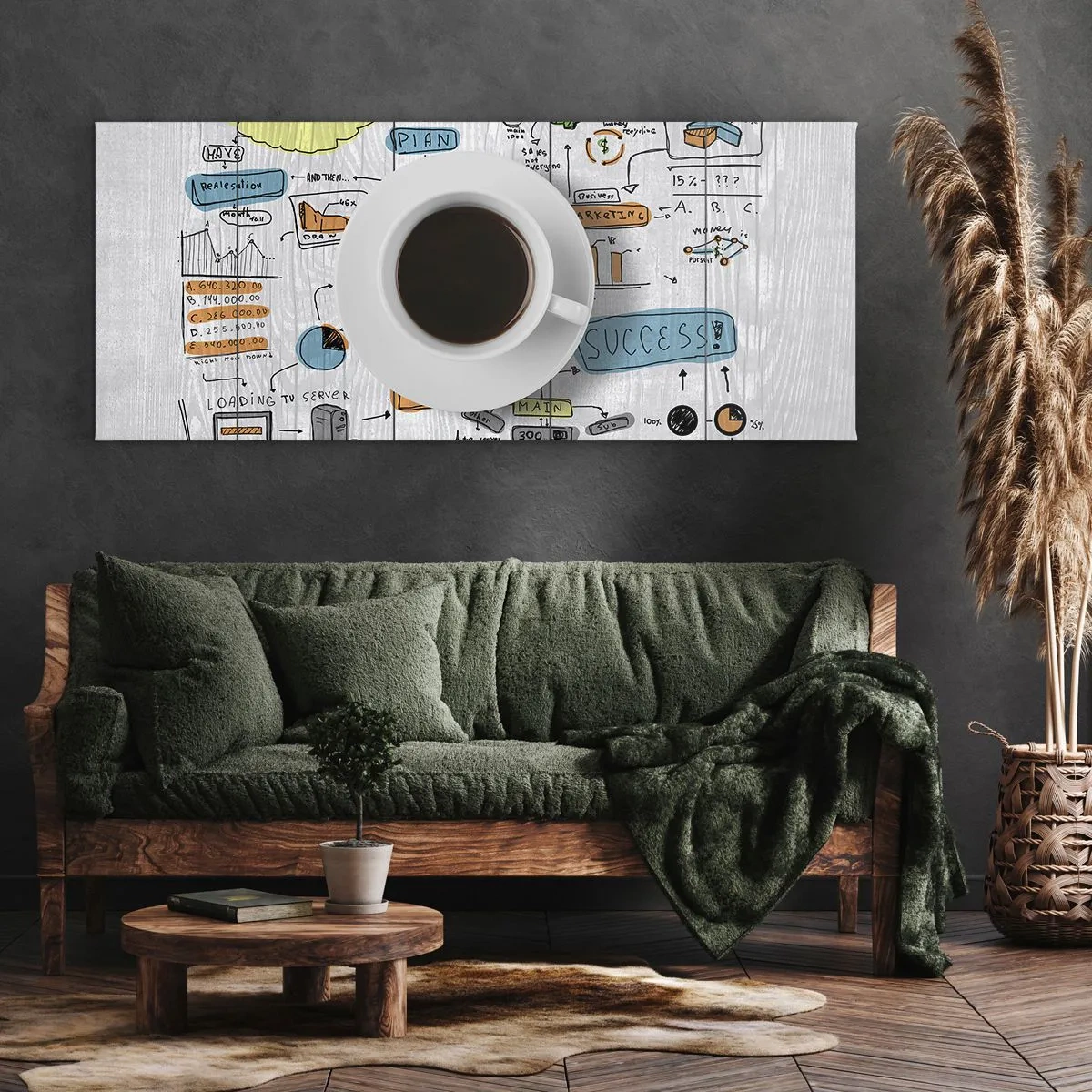 Bild auf Leinwand - Leinwandbild - Eine Tasse Kaffee vor dem Hintergrund einer konzeptionellen Zeichnung - 140x50cm - Zeit für eine Pause - Moderne Wanddekoration für Wohnzimmer und Schlafzimmer ARTTOR