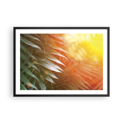 Poster in einem schwarzem Rahmen - Palmblätter in den Strahlen des Sonnenuntergangs - 70x50cm - Morgen im Dschungel - Moderne Wanddekoration für Wohnzimmer und Schlafzimmer ARTTOR