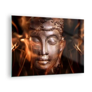 Glasbild - Bild auf glas - Das verschwommene Gesicht des Buddha in warmen Gold- und Brauntönen - 70x50cm - Es existiert nur hier und jetzt - Moderne Wanddekoration für Wohnzimmer und Schlafzimmer ARTTOR