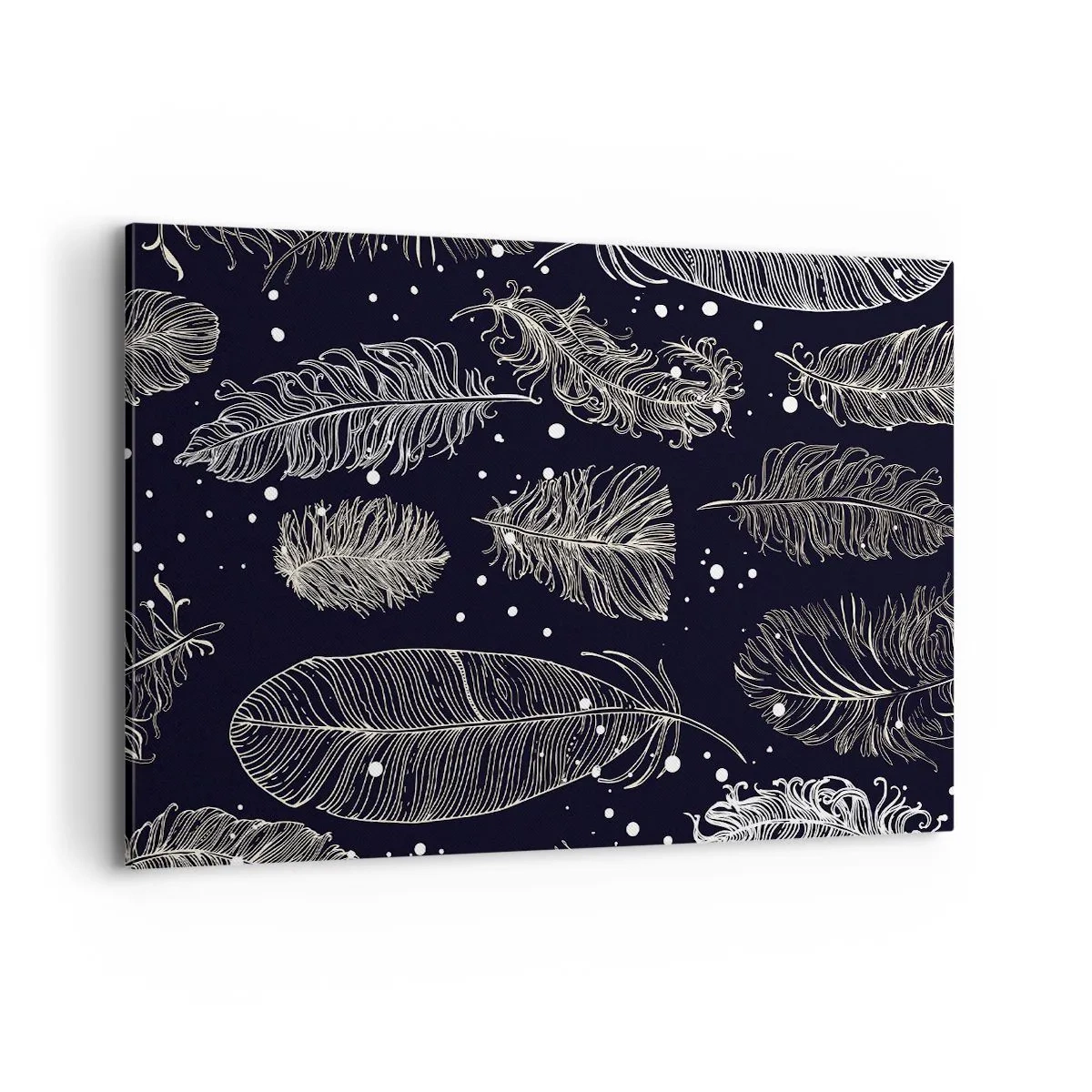 Bild auf Leinwand - Leinwandbild - Zarte weiße Federn auf marineblauem Hintergrund - 120x80cm - Gefiederte Spitze - Moderne Wanddekoration für Wohnzimmer und Schlafzimmer ARTTOR
