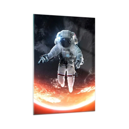 Glasbild - Bild auf glas - Ein Astronaut schwebt über einer sonnenbeschienenen Erde - 70x100cm - Kann ich noch eine Weile bleiben? - Moderne Wanddekoration für Wohnzimmer und Schlafzimmer ARTTOR