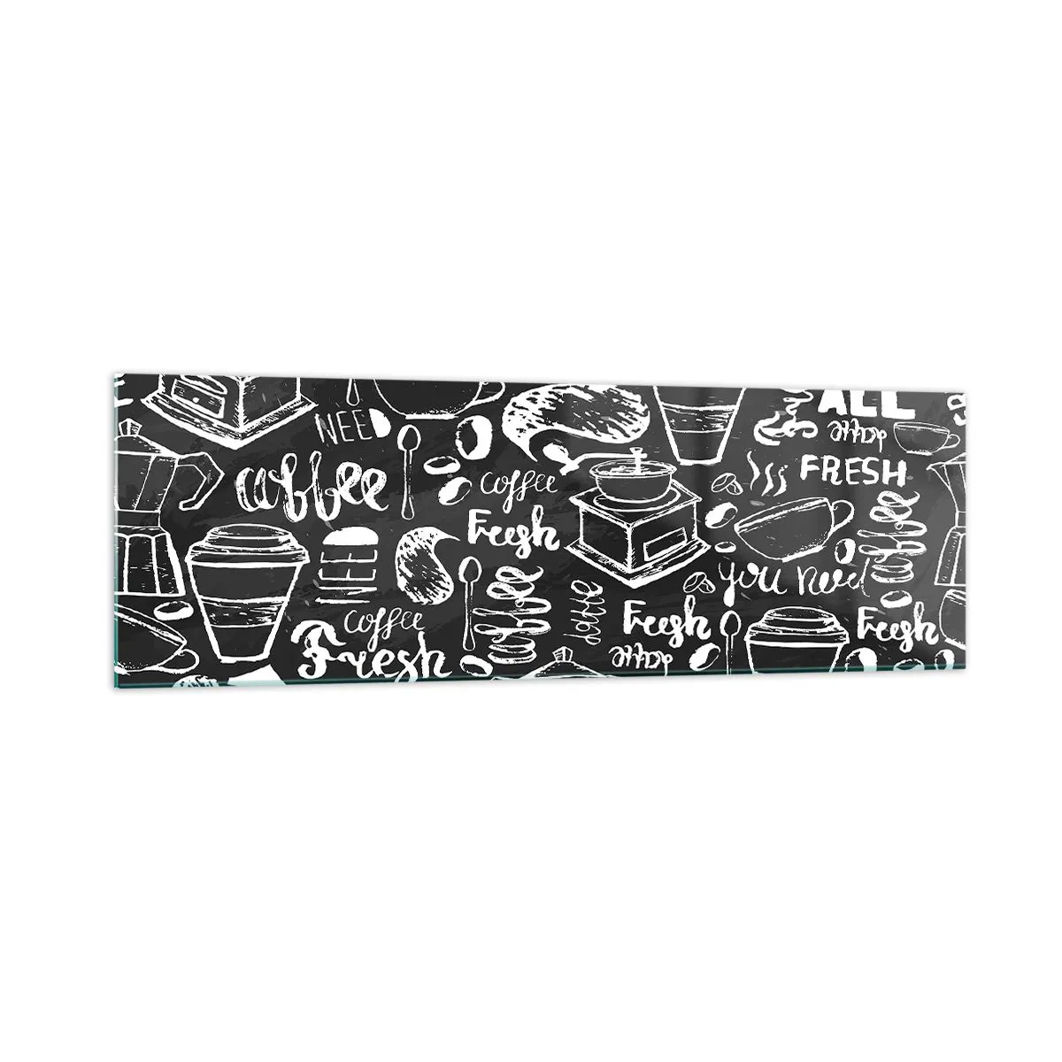Glasbild - Bild auf glas - Stilvolle Kaffeegrafik auf schwarzem Hintergrund - 160x50cm - Alles was Sie brauchen ist… - Moderne Wanddekoration für Wohnzimmer und Schlafzimmer ARTTOR