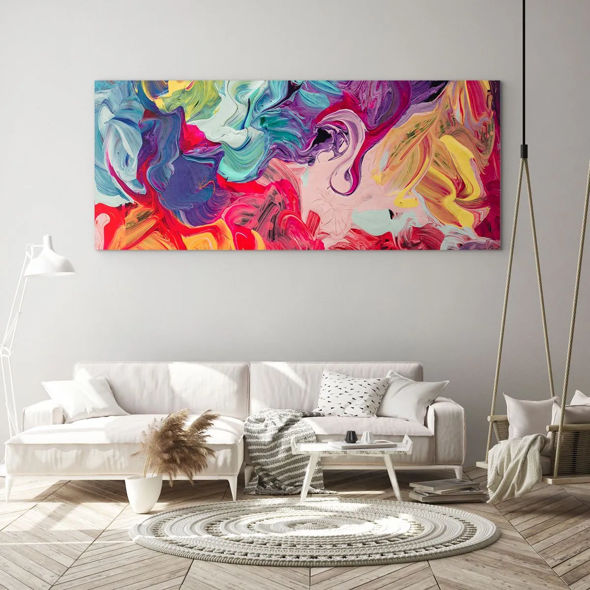Glasbild - Bild auf glas - Eine abstrakte Komposition mit lebendigen, wirbelnden Farben und einer dynamischen Struktur. - 120x50cm - Die Geburt der Farben - Moderne Wanddekoration für Wohnzimmer und Schlafzimmer ARTTOR
