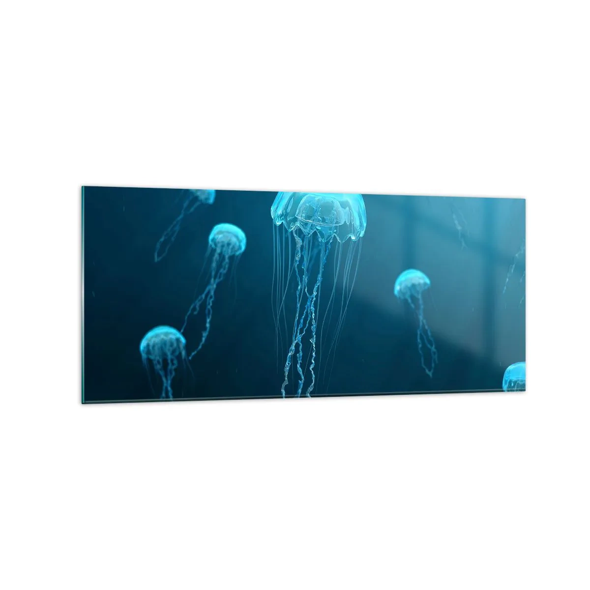Glasbild - Bild auf glas - Quallen schwimmen in den Tiefen des Ozeans in Blautönen - 120x50cm - Ozeantanz - Moderne Wanddekoration für Wohnzimmer und Schlafzimmer ARTTOR