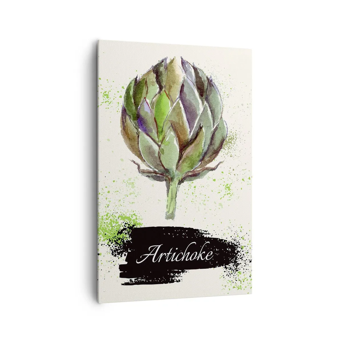 Bild auf Leinwand - Leinwandbild - Aquarell Artischocke mit Text auf hellem Hintergrund mit grünen Akzenten - 80x120cm - Eviva-Gemüse! - Moderne Wanddekoration für Wohnzimmer und Schlafzimmer ARTTOR