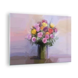 Glasbild - Bild auf glas - Ein Strauß Rosen in einer Glasvase auf pastellfarbenem Hintergrund - 70x50cm - Festgehaltene Schönheit - Moderne Wanddekoration für Wohnzimmer und Schlafzimmer ARTTOR