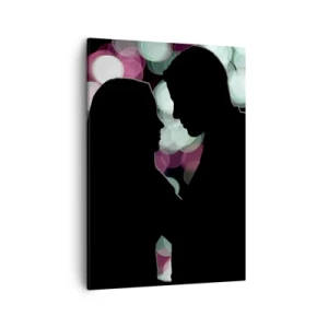 Bild auf Leinwand - Leinwandbild - Silhouetten eines Paares vor dem Hintergrund bunter Bokeh-Lichter - 50x70cm - Jawohl! - Moderne Wanddekoration für Wohnzimmer und Schlafzimmer ARTTOR