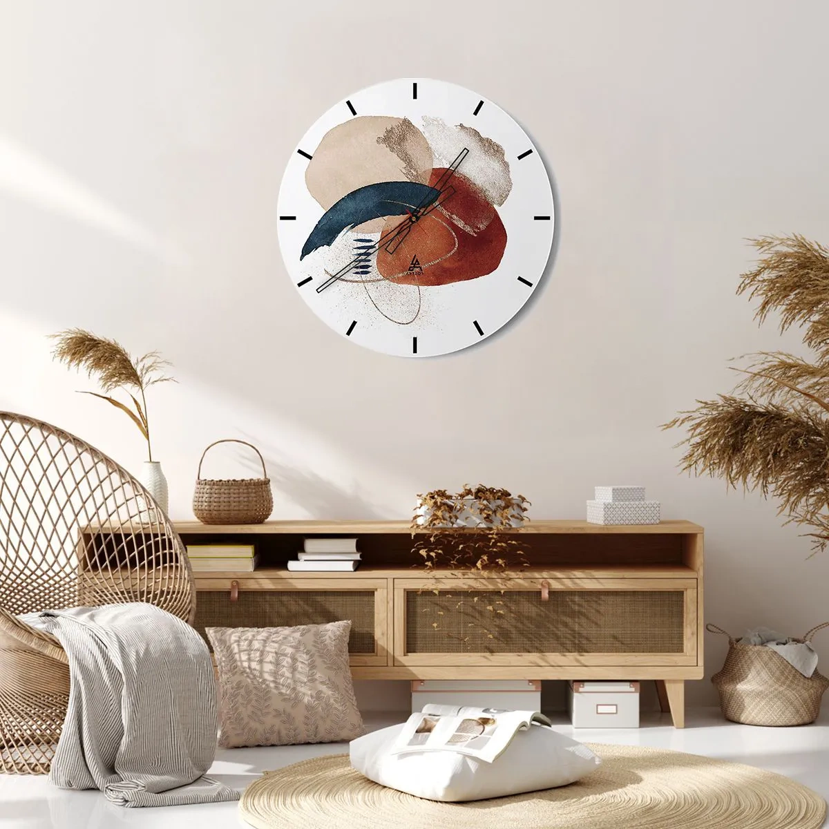 Wanduhr - Glasuhr - Abstrakte Flecken in Beige-, Marineblau- und Terrakottatönen - 30x30cm - Ovale Komposition - Moderne Wanddekoration für Wohnzimmer, Küche und Schlafzimmer ARTTOR