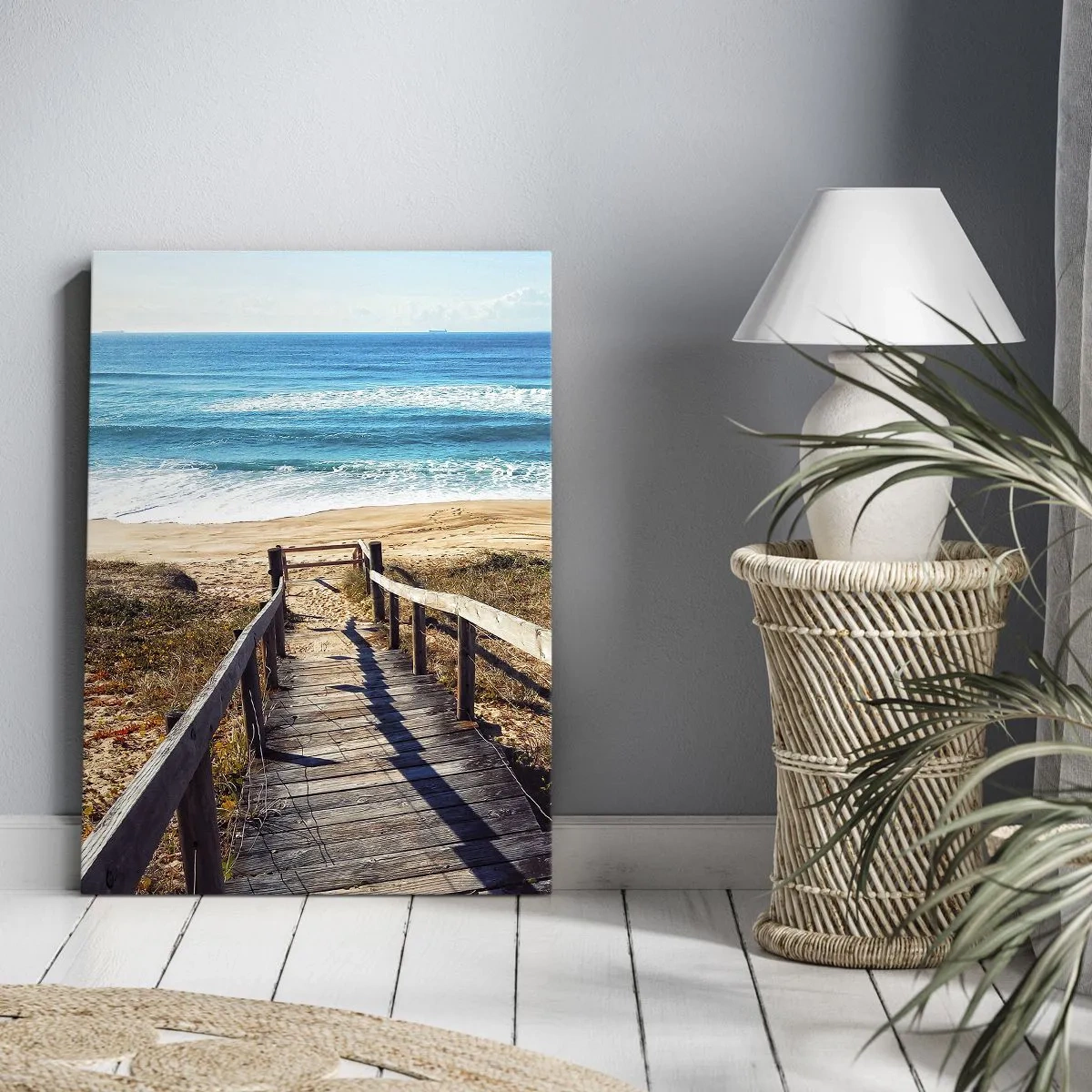 Bild auf Leinwand - Leinwandbild - Holzweg zum Strand - 70x100cm - Lauf! - Moderne Wanddekoration für Wohnzimmer und Schlafzimmer ARTTOR