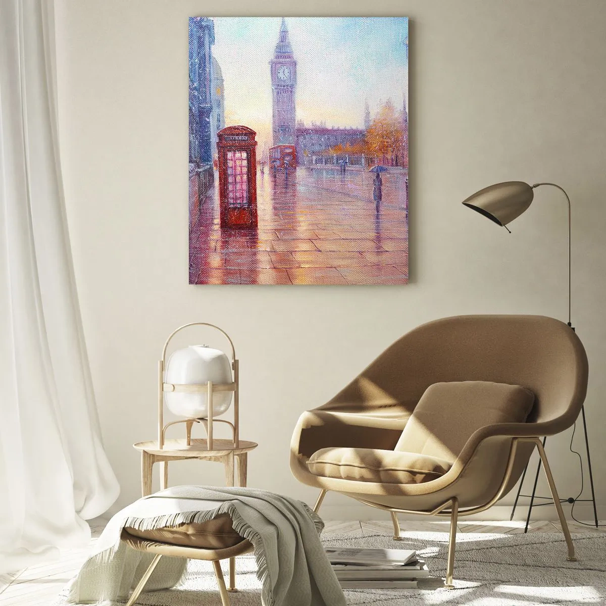 Glasbild - Bild auf glas - Londoner Szene im Regen mit Big Ben und der roten Box - 50x70cm - Londoner Herbsttag - Moderne Wanddekoration für Wohnzimmer und Schlafzimmer ARTTOR