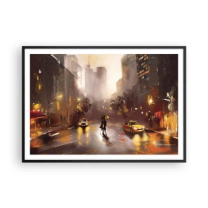 Poster in einem schwarzem Rahmen - Eine nächtliche Stadtszene im Licht der Straßenlaternen und Spiegelungen auf einer nassen Straße. - 100x70cm - Im Licht von New York - Moderne Wanddekoration für Wohnzimmer und Schlafzimmer ARTTOR