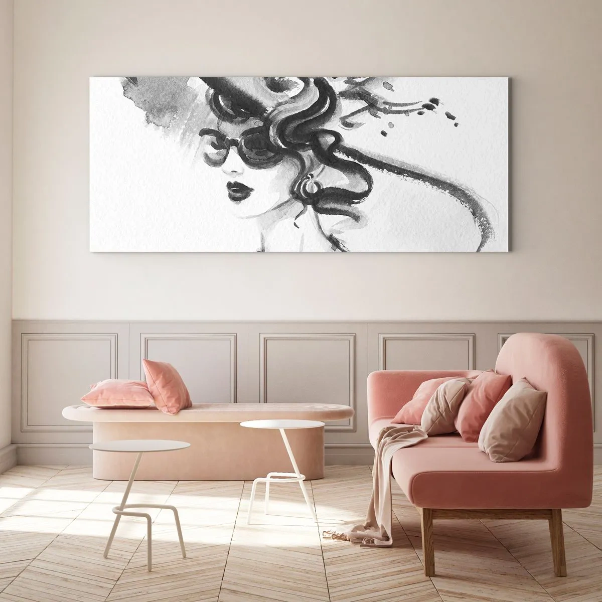 Glasbild - Bild auf glas - Elegante Frau mit Hut im Schwarz-Weiß-Stil - 120x50cm - Eine Dame mit Charakter - Moderne Wanddekoration für Wohnzimmer und Schlafzimmer ARTTOR