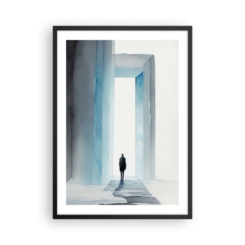 Poster in einem schwarzem Rahmen - Eine Figur, die durch ein blaues Tor geht, das Freiheit und grenzenlose Möglichkeiten symbolisiert - 50x70cm - Lebe ohne Grenzen - Moderne Wanddekoration für Wohnzimmer und Schlafzimmer ARTTOR