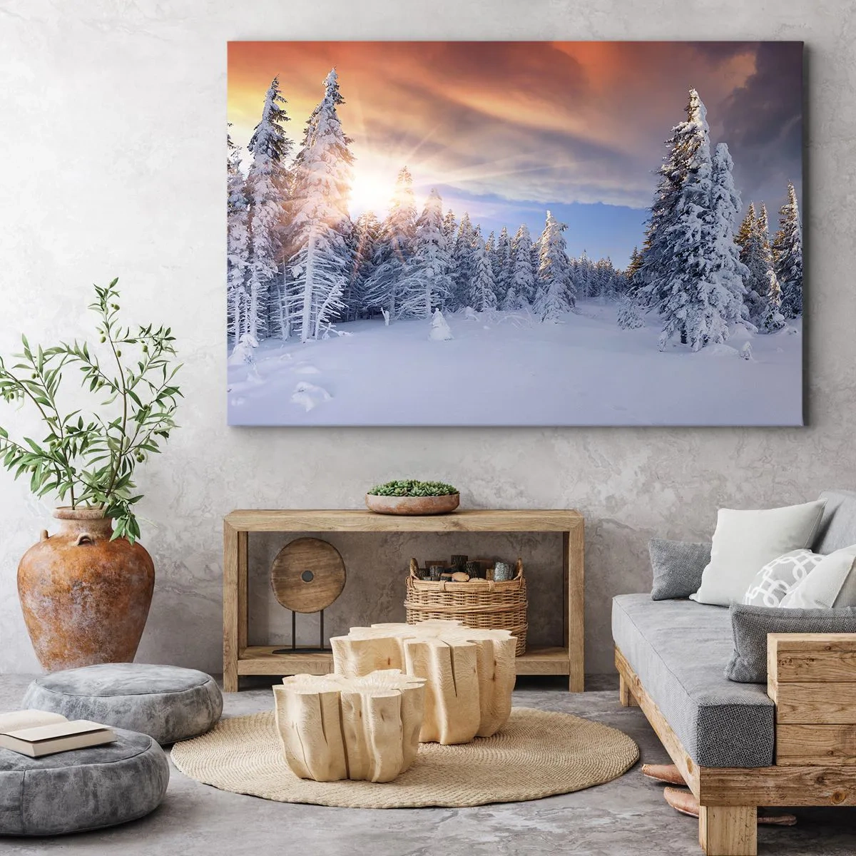 Bild auf Leinwand - Leinwandbild - Winterlandschaft mit schneebedecktem Wald bei Sonnenuntergang - 120x80cm - Ein verschneites Naturschauspiel - Moderne Wanddekoration für Wohnzimmer und Schlafzimmer ARTTOR