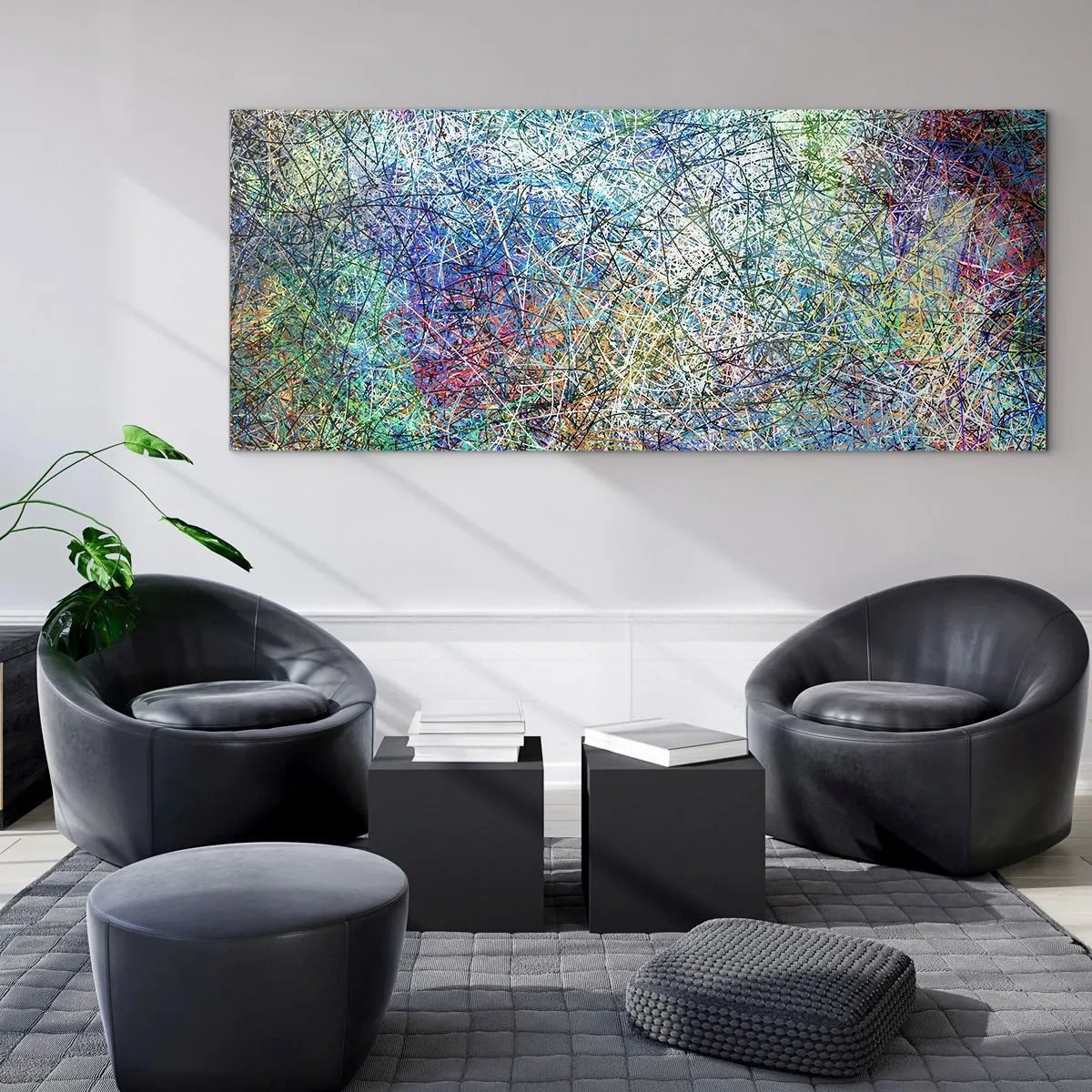 Glasbild - Bild auf glas - Abstrakte Komposition mit mehrfarbigen Linien und Texturen - 120x50cm - Es ist nicht so einfach - Moderne Wanddekoration für Wohnzimmer und Schlafzimmer ARTTOR