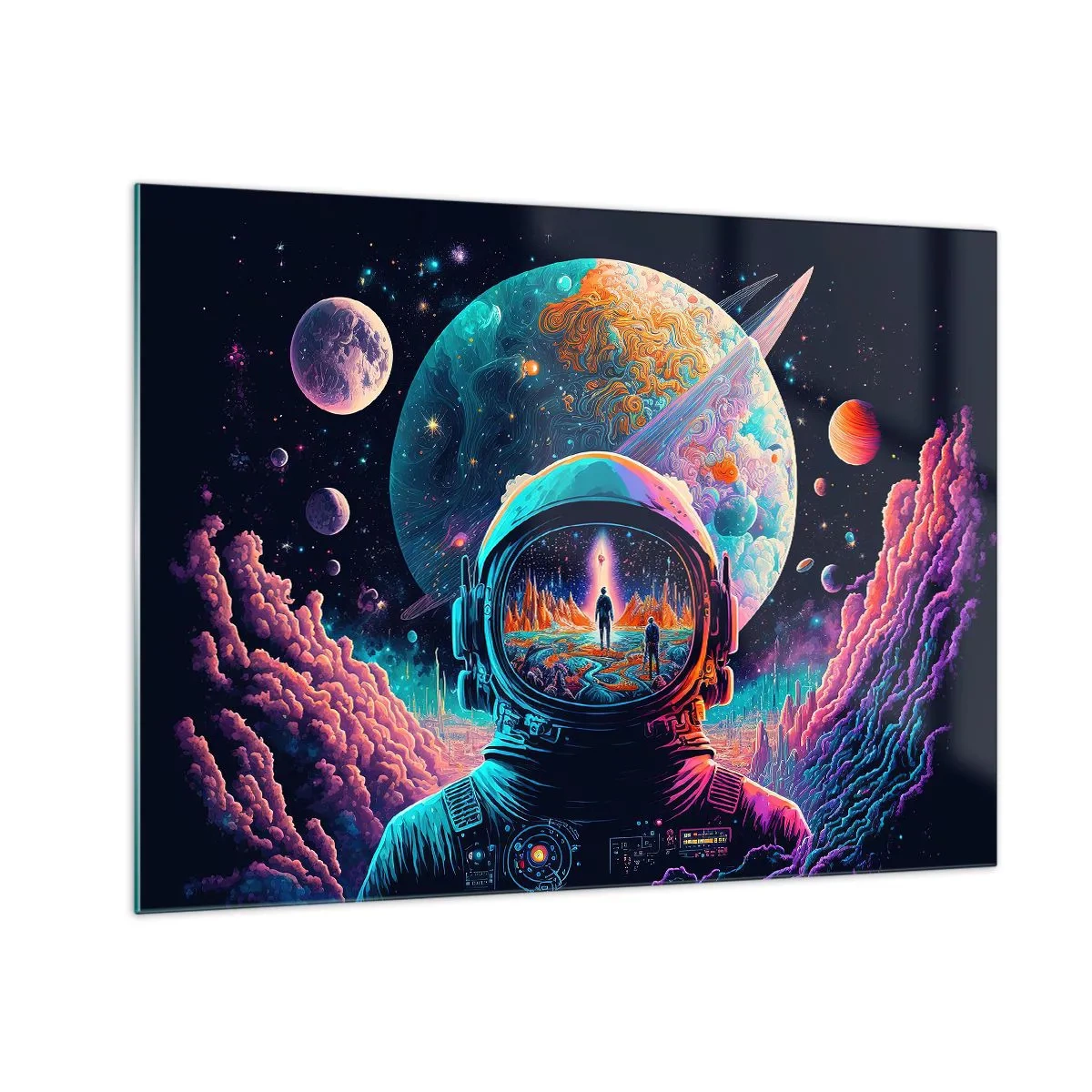 Glasbild - Bild auf glas - Eine Weltraumlandschaft mit einem Astronauten und einem surrealen Planeten. - 70x50cm - Philosophen haben nicht davon geträumt - Moderne Wanddekoration für Wohnzimmer und Schlafzimmer ARTTOR