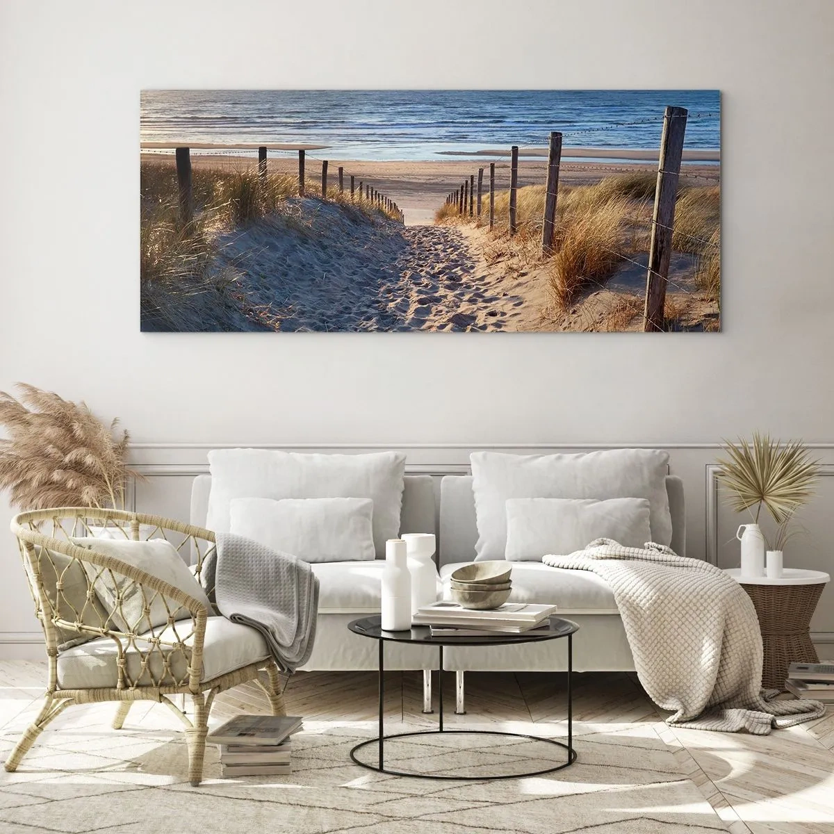 Glasbild - Bild auf glas - Das Rauschen des Meeres, der Gesang der Vögel, ein wilder Strand im Gras ... - 100x40 cm