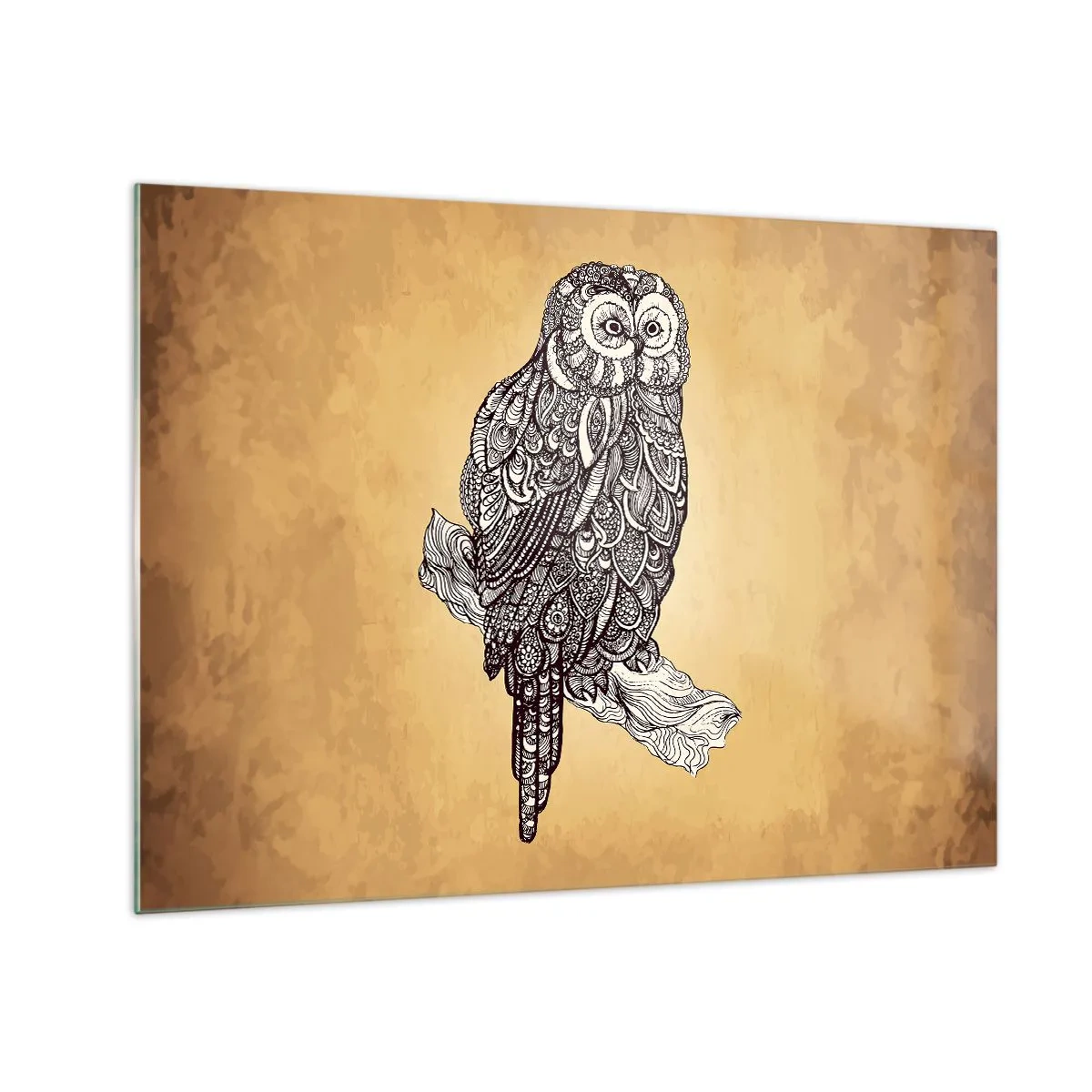 Glasbild - Bild auf glas - Ornamentale Eule auf Sepia-Hintergrund - 70x50cm - Kunstvolle Ornamente der Weisheit - Moderne Wanddekoration für Wohnzimmer und Schlafzimmer ARTTOR