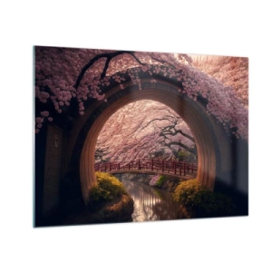 Glasbild - Bild auf glas - Kirschblüten und eine japanische Brücke durch das runde Tor gesehen - 70x50cm - Japanischer Frühling - Moderne Wanddekoration für Wohnzimmer und Schlafzimmer ARTTOR