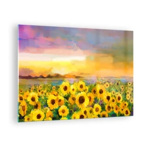 Glasbild - Bild auf glas - Ein Sonnenblumenfeld im Licht der untergehenden Sonne - 70x50cm - Die Sonne selbst ist auf die Erde herabgestiegen - Moderne Wanddekoration für Wohnzimmer und Schlafzimmer ARTTOR