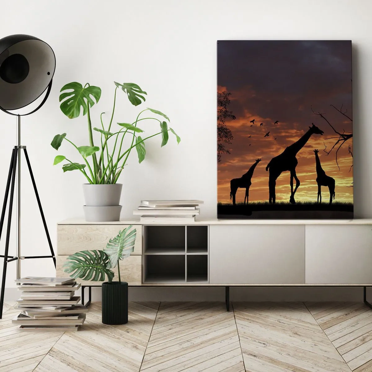 Bild auf Leinwand - Leinwandbild - Silhouetten von Giraffen vor dem Hintergrund des afrikanischen Sonnenuntergangs - 50x70cm - Ein kleines Abendessen mit deinen Liebsten - Moderne Wanddekoration für Wohnzimmer und Schlafzimmer ARTTOR