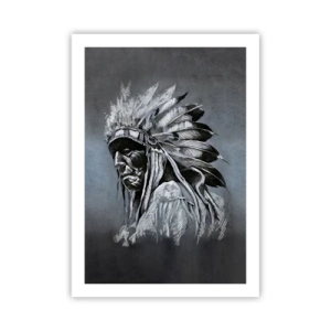 Poster - Porträt eines Indianerhäuptlings mit Federschmuck vor grauem Hintergrund - 50x70cm - Zurück zu den Wurzeln - Moderne Wanddekoration für Wohnzimmer und Schlafzimmer ARTTOR