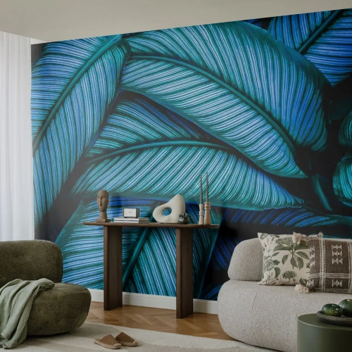 Fototapete Premium Sand - Nahaufnahme von türkisfarbenen Blättern mit intensiver Maserung - 100x70cm - Lebenslinien - Moderne Wanddekoration für Wohnzimmer und Schlafzimmer ARTTOR