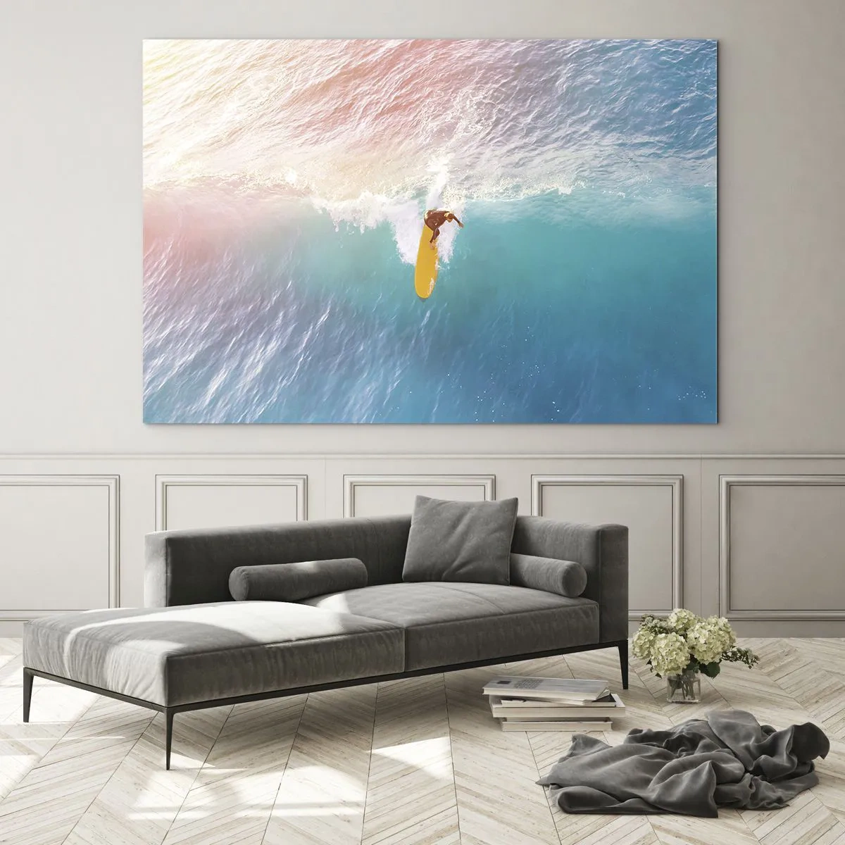 Glasbild - Bild auf glas - Surfer reitet auf einer Welle im türkisfarbenen Ozean - 70x50cm - Der Ozeanreiter - Moderne Wanddekoration für Wohnzimmer und Schlafzimmer ARTTOR