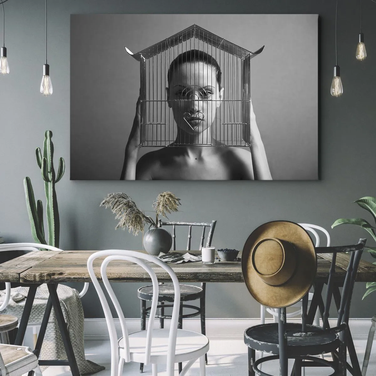 Bild auf Leinwand - Leinwandbild - Frau hinter einem Käfig im surrealen Stil - 70x50cm - Ein leicht surreales Portrait - Moderne Wanddekoration für Wohnzimmer und Schlafzimmer ARTTOR