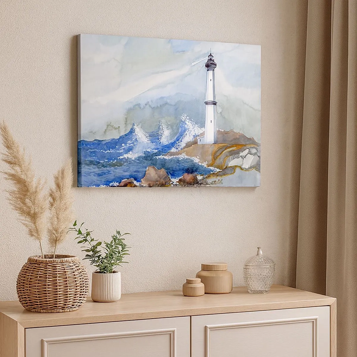 Bild auf Leinwand - Leinwandbild - Ein Leuchtturm an einer felsigen Küste mit rauer See - 70x50cm - Gegen die Dunkelheit und den Sturm - Moderne Wanddekoration für Wohnzimmer und Schlafzimmer ARTTOR