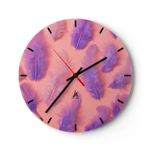 Wanduhr - Glasuhr - Lila Federn auf rosa Hintergrund - 30x30cm - Lila Vogel der Begierde - Moderne Wanddekoration für Wohnzimmer, Küche und Schlafzimmer ARTTOR
