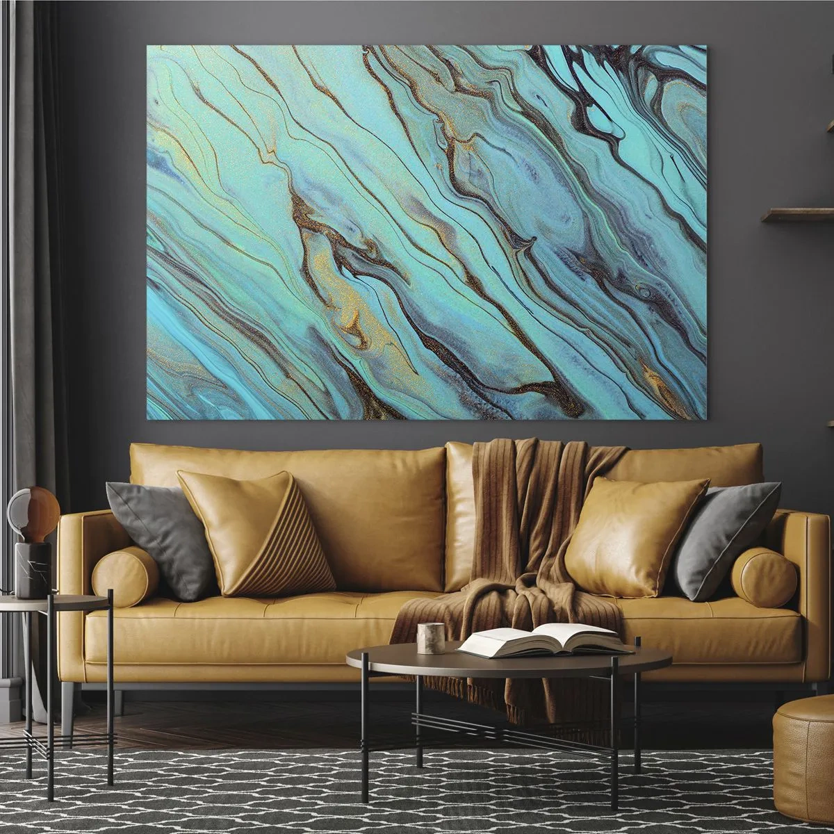 Glasbild - Bild auf glas - Abstrakte Streifen in Türkis und Gold - 100x70cm - Türkisfarbene Flut - Moderne Wanddekoration für Wohnzimmer und Schlafzimmer ARTTOR