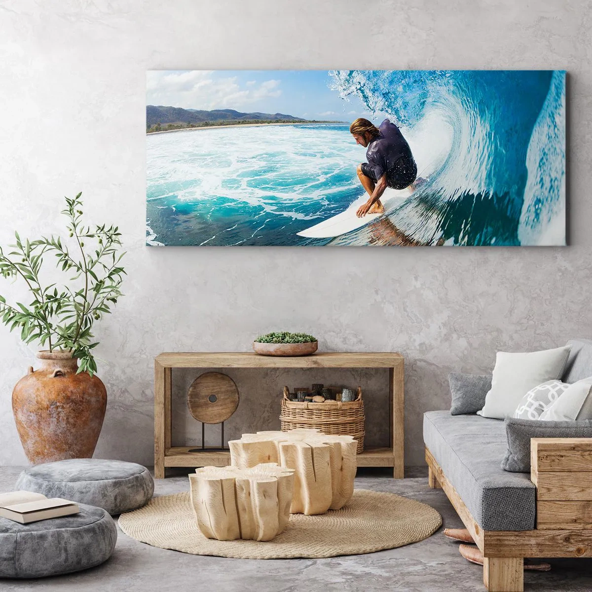 Bild auf Leinwand - Leinwandbild - Ein Surfer in dynamischer Pose auf einer Welle im türkisfarbenen Wasser. - 140x50cm - Tanzen mit den Wellen - Moderne Wanddekoration für Wohnzimmer und Schlafzimmer ARTTOR