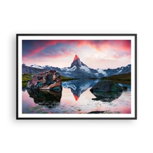 Poster in einem schwarzem Rahmen - Ein Berggipfel spiegelt sich bei Sonnenuntergang in einem See - 100x70cm - Das Herz der Berge ist heiß - Moderne Wanddekoration für Wohnzimmer und Schlafzimmer ARTTOR