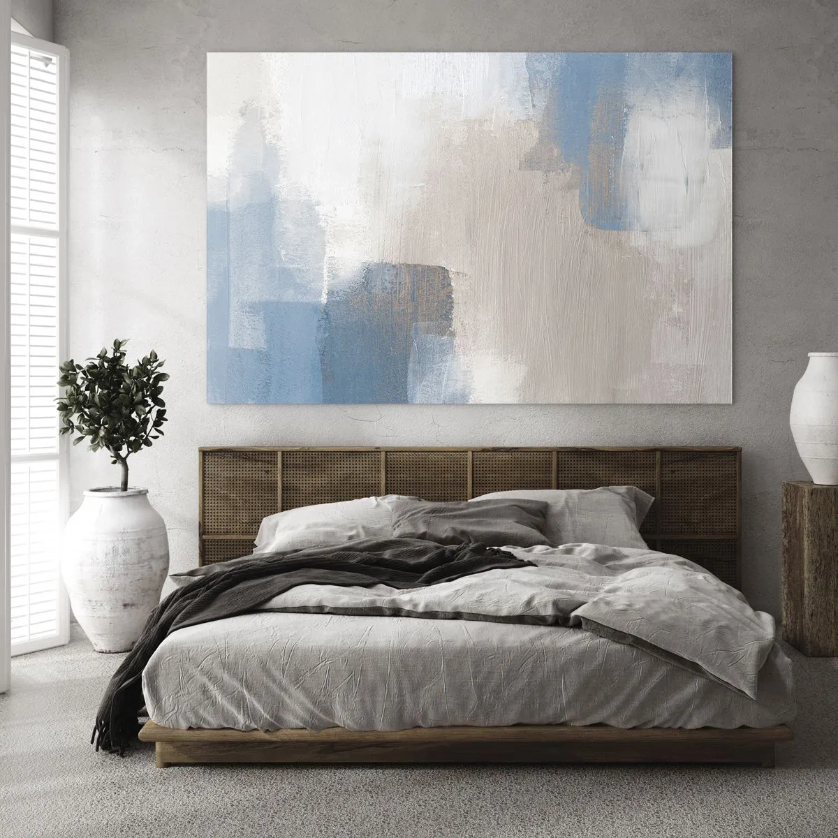 Glasbild - Bild auf glas - Beige und blaue Abstraktion in Pastellfarben - 70x50cm - Rosa Abstraktion hinter einem blauen Vorhang - Moderne Wanddekoration für Wohnzimmer und Schlafzimmer ARTTOR